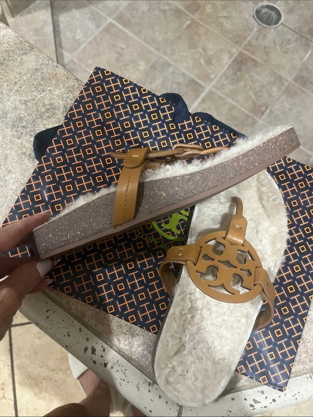 Tory Burch Chestnut Leather Logo Shearling Slide Sandals